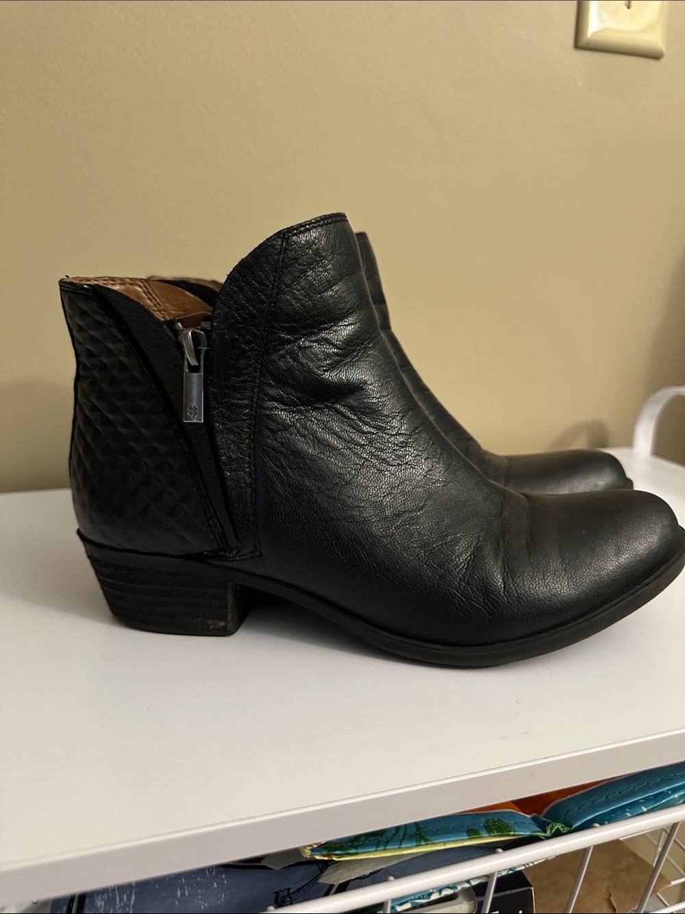 Women's Black Leather Ankle Bootie with Quilted Heel